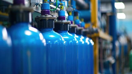 Close-up of Industrial Blue Cylinders in a Factory Setting