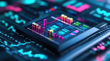 Vibrant data visualization with interactive charts and graphs, showcasing intricate analytics on a dark screen.