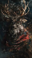 Obraz premium A close-up portrait of a deer's head with a red scarf, a mysterious, fantastical, and artistic depiction.