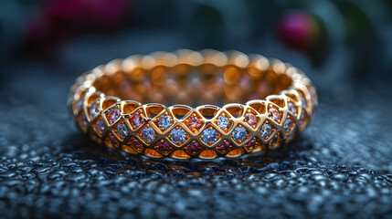 Gold Ring with Pink and Blue Gemstones on Black Background - Photo