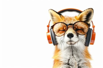 Obraz premium Fox enjoying music with headphones and glasses isolated on white background