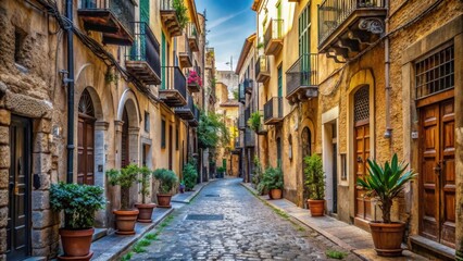 Quiet cobblestone side street in Palermo, Italy , Palermo, Sicily, old town, narrow, alleyway, historic