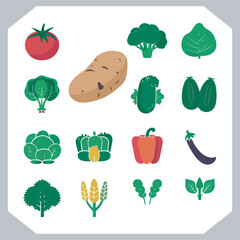 Set of vegetables black silhouette Carrot, potato, tomato, cucumber, onion, garlic, cauliflower, bell pepper, cabbage vector icon in white background.