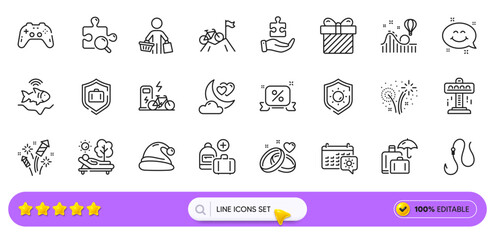 Travel calendar, Add handbag and Fishfinder line icons for web app. Pack of Roller coaster, Electric bike, Buyer pictogram icons. Attraction, Lounger, Love night signs. Luggage protect. Vector