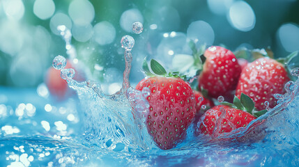 background with fresh strawberries and a gentle water splash in an ultra-soft focus, emphasizing a dreamy, ethereal y2k aesthetic