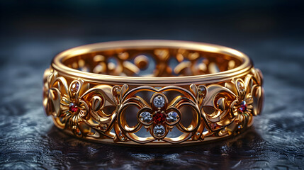 Ornate Gold Ring with Red and White Gemstones 3D Illustration