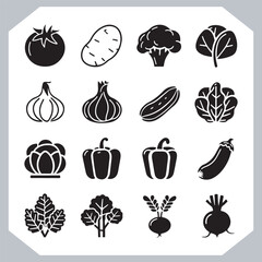 Set of vegetables black silhouette Carrot, potato, tomato, cucumber, onion, garlic, cauliflower, bell pepper, cabbage vector icon in white background.