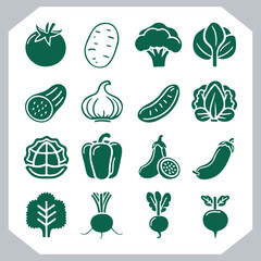Set of vegetables black silhouette Carrot, potato, tomato, cucumber, onion, garlic, cauliflower, bell pepper, cabbage vector icon in white background.