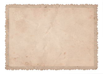 Vintage scalloped edge photo paper with dust, creases, and splatters on transparent background (png image). Useful for design, vintage effects, and backgrounds.	

