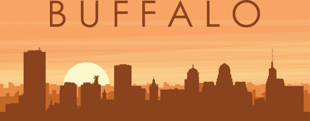 Brown panoramic poster of the city skyline with misty background buildings, sunrise, clouds and mountains of BUFFALO, UNITED STATES