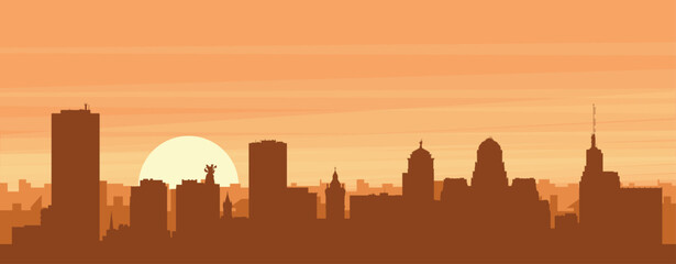 Brown panoramic poster of the city skyline with misty background buildings, sunrise, clouds and mountains of BUFFALO, UNITED STATES