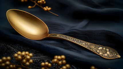 Obraz premium Ornate Golden Spoon on Black Fabric - Still Life Photography