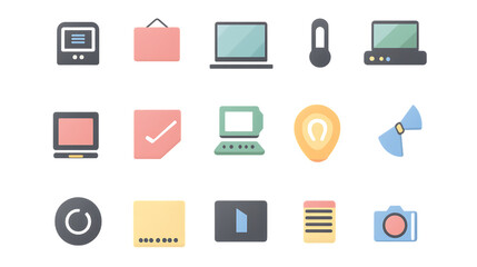 Flat design office icons set, vector illustration, laptop, calculator, camera, lightbulb, flat style symbols, multiple colors