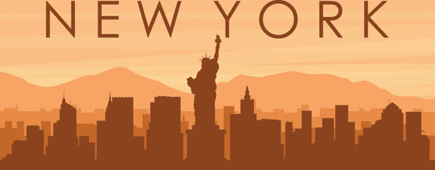 Brown panoramic poster of the city skyline with misty background buildings, sunrise, clouds and mountains of NEW YORK, UNITED STATES