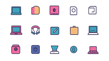 Minimalist Computer Icons Set, Technology Icons Collection, Office Equipment Icons, Digital Work Icons, Pastel Color Icons