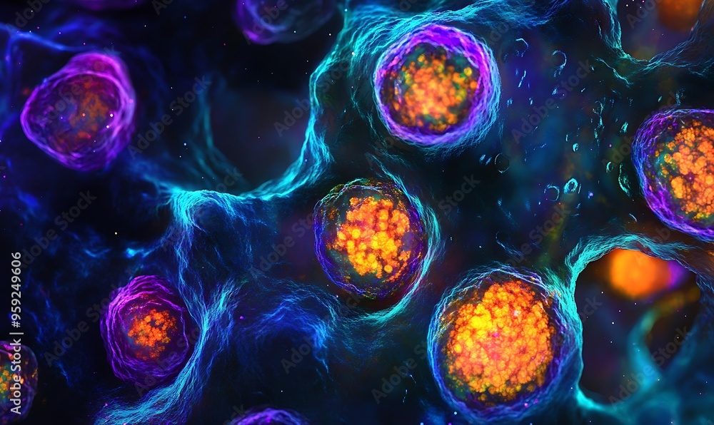 Poster abstract cellular structure with vibrant colors and glowing luminescence