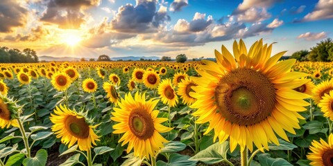Obraz premium Beautiful field of bright sunflowers in a rural landscape, with a background of ripening sunflowers
