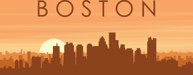 Brown panoramic poster of the city skyline with misty background buildings, sunrise, clouds and mountains of BOSTON, UNITED STATES