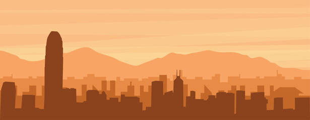 Brown panoramic poster of the city skyline with misty background buildings, sunrise, clouds and mountains of HONG KONG