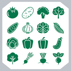 Set of vegetables black silhouette Carrot, potato, tomato, cucumber, onion, garlic, cauliflower, bell pepper, cabbage vector icon in white background.