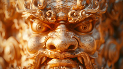 Close-Up of a Golden Dragon Statue's Face - 3D Illustration