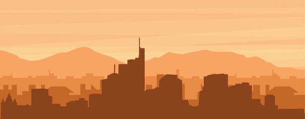 Brown panoramic poster of the city skyline with misty background buildings, sunrise, clouds and mountains of FRANKFURT, GERMANY