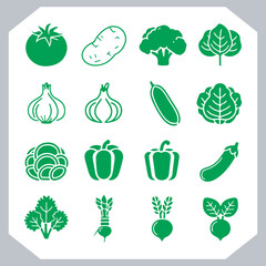 Set of vegetables black silhouette Carrot, potato, tomato, cucumber, onion, garlic, cauliflower, bell pepper, cabbage vector icon in white background.
