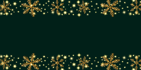 Golden snowflakes and stars, festive winter background, vector illustration.