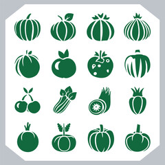 Set of vegetables black silhouette Carrot, potato, tomato, cucumber, onion, garlic, cauliflower, bell pepper, cabbage vector icon in white background.