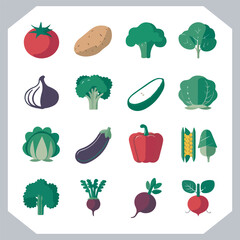 Set of vegetables black silhouette Carrot, potato, tomato, cucumber, onion, garlic, cauliflower, bell pepper, cabbage vector icon in white background.