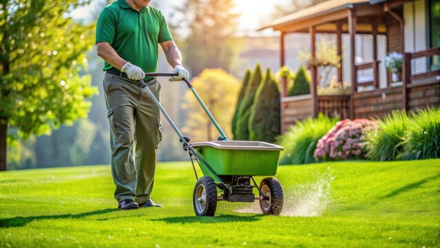 Gardener using push spreader to fertilize lush green residential grass lawn , gardener, push spreader