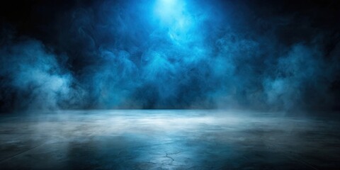 Fototapeta premium Empty studio dark room with blue lighting and fog on concrete floor against black background, dark, room, studio, blue, lighting