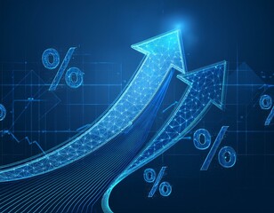 Naklejka premium Abstract digital arrow up and percent polygonal symbols on technology blue background