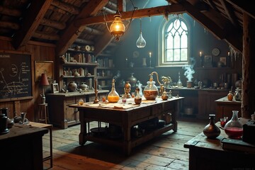 An old and dusty attic chemistry mad scientist lab