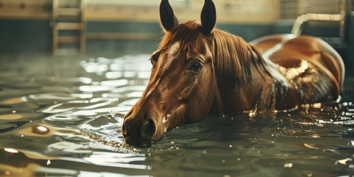 A horse participates in a supervised hydrotherapy pool session as part of its rehabilitation program