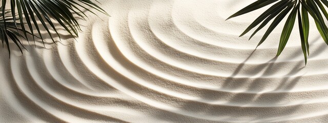 Gentle waves of soft sand decorated with lush green palm leaves in a serene coastal environment