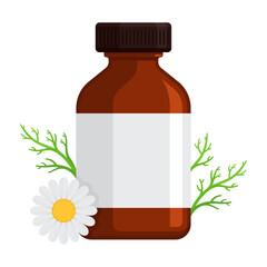 Obraz premium Amber bottle with chamomile flower and leaves. Flat vector illustration isolated on white background with copy space. Natural product and herbal remedy concept. Perfect for homeopathy projects