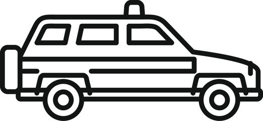 Simple black and white line art icon of an ambulance driving to the left