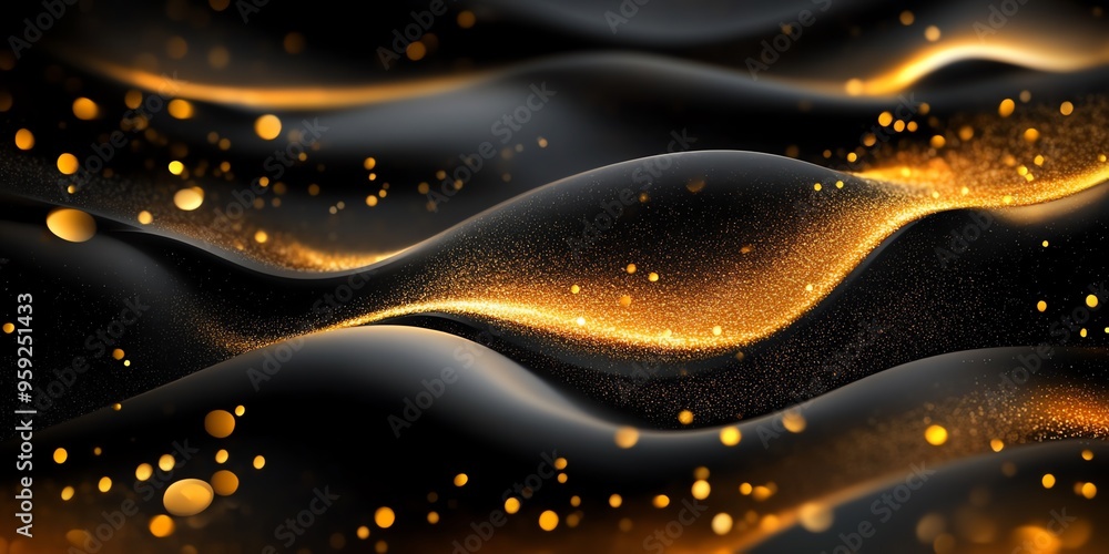 Poster abstract black background with glowing gold particles.