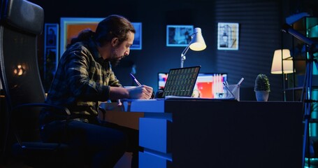 Joyous broker investor throwing fist in air from excitement after personal stock rising, happy about profit. Upbeat man celebrating in living room after noticing market shares growth, camera B