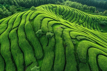 Fototapeta premium Aerial drone view of shapes of Cha Gorreana tea plantation at Sao Miguel, Azores, Portugal , ai