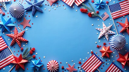 Obraz premium 4th of July decorations on blue background, top view with copy space, 4th of July, American Independence Day