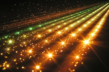 Naklejka premium Radiant light patterns with green and gold starry trails in abstract background