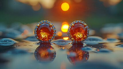 Golden Earrings with Orange Gemstones, Photo