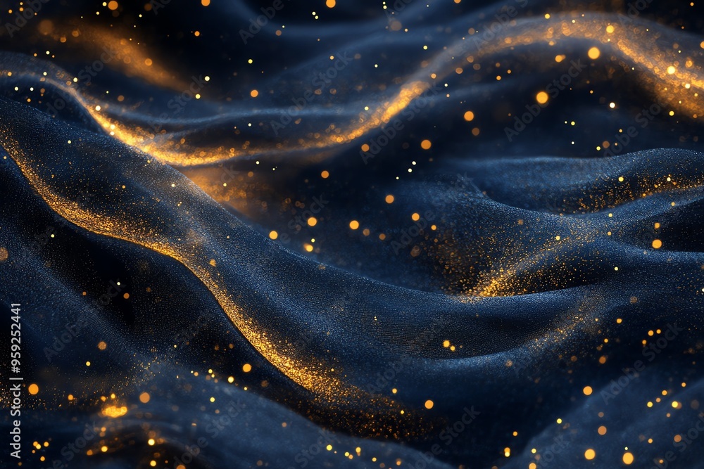 Poster abstract blue and gold background with glittering particles.