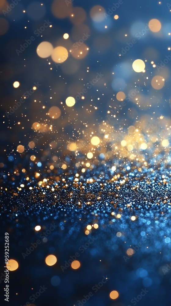 Poster abstract blue and gold glitter background with bokeh.