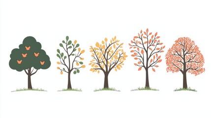 Fototapeta premium Set of Five Cartoon Trees in Different Seasons with Butterflies