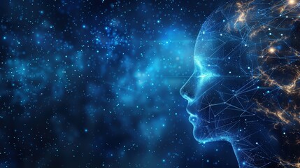 Profile of a human head with connected lines on a starry blue backdrop, showcasing a technology concept and digital networking..