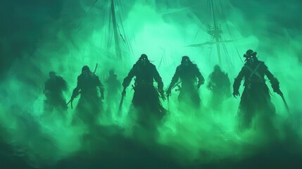 Fototapeta premium Ghostly Pirates Emerging From Fog on Shipwreck