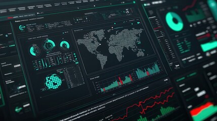 Futuristic Digital Interface with World Map  Charts  and Graphs
